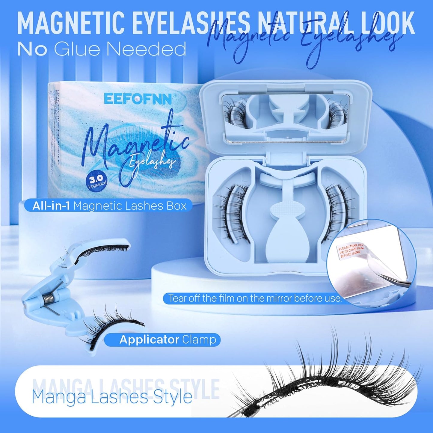 Magnetic Eyelashes with Applicator Magnetic Lashes Natural Look Reusable Manga Magnetic Eyelashes without Eyeliner Cat Eye False Eyelashes Magnetic Lashes with Clamp Kit No Glue Needed by