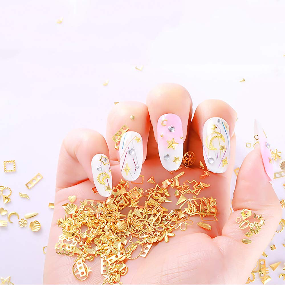 6 Boxes Gold Metal Nail Studs Rose Star Moon Feather Nail Charm Kit 3D Nail Art Jewelry Decoration with 1Pc Tweezers and Picker Pencil