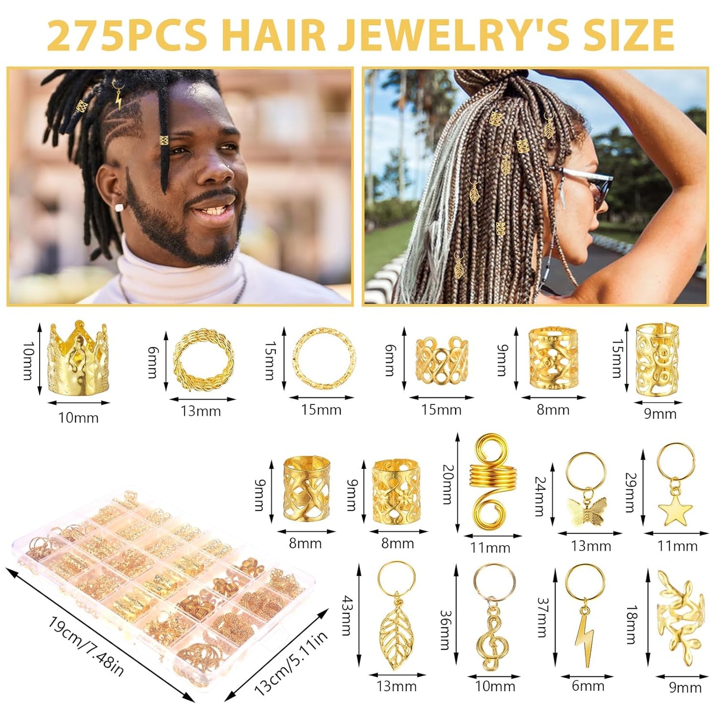 275 Pcs Gold Hair Jewelry for Braids, Loc Jewelry for Hair Dreadlock, Metal Gold Braids Rings Cuffs Clips Hair Braids Jewelry Accessories Hair Charms for Braid for Dreadlock Accessories