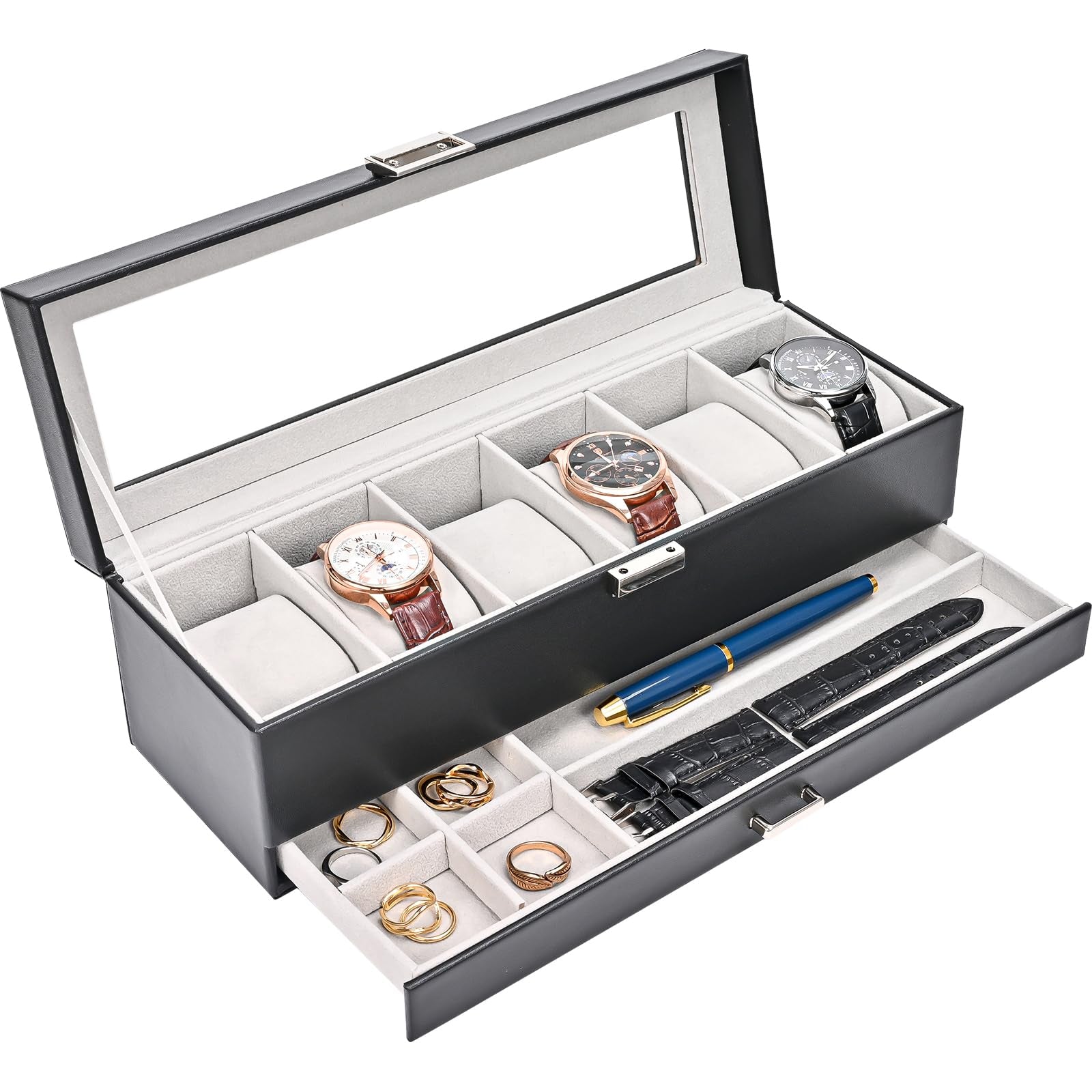 Watch Box Organizer for Men, 6 Slot Watch Display Case with Drawer, Mens Watch Box Watch Case Holder, 6 Watch Box Double