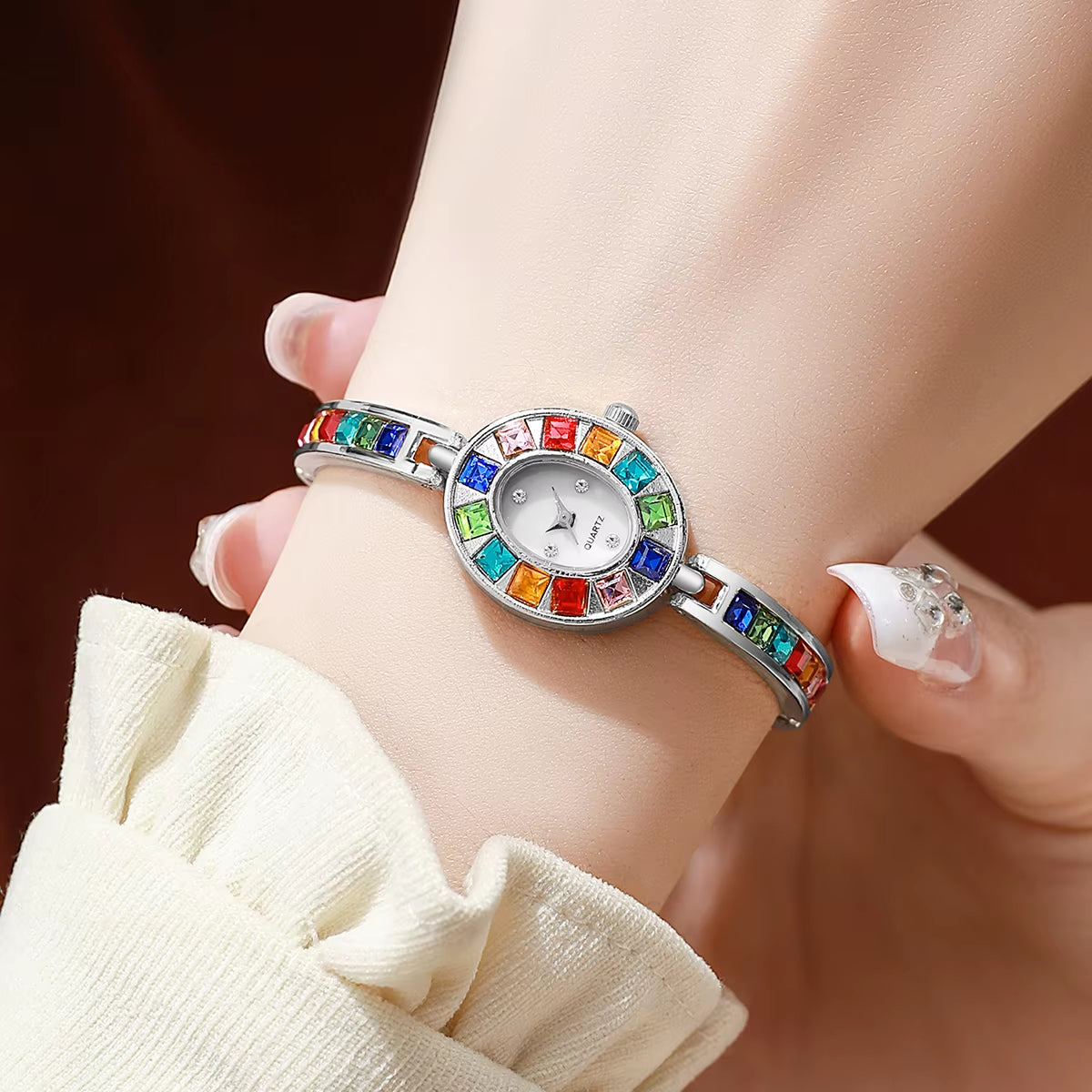 1PC Women'S Retro Style Quartz Watch Elegant Ladies' Style Colorful Diamond Set Dial Compact Watch Women'S Watch Holiday Gift