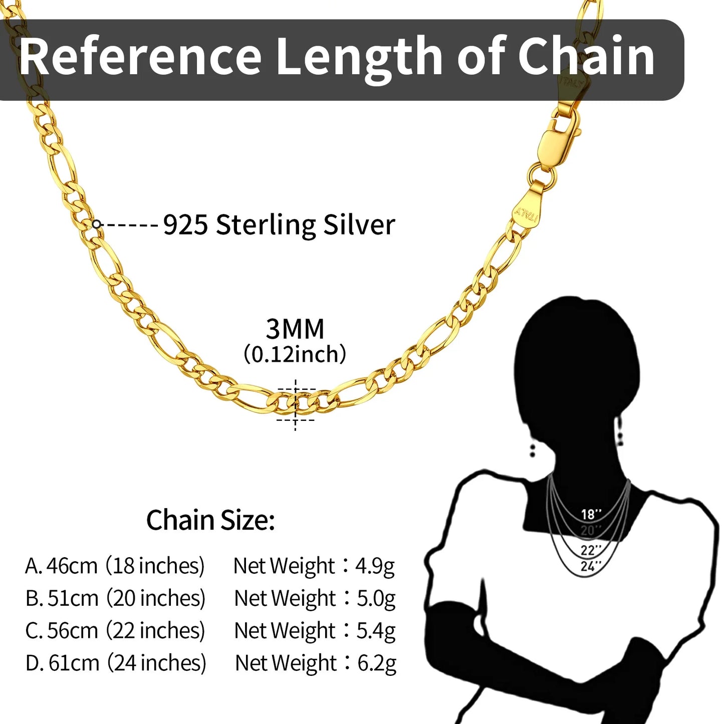 5Mm Figaro Chain 14K Gold in 925 Sterling Silver Chain Necklace for Women Men, Super Thin & Strong Necklace Chain