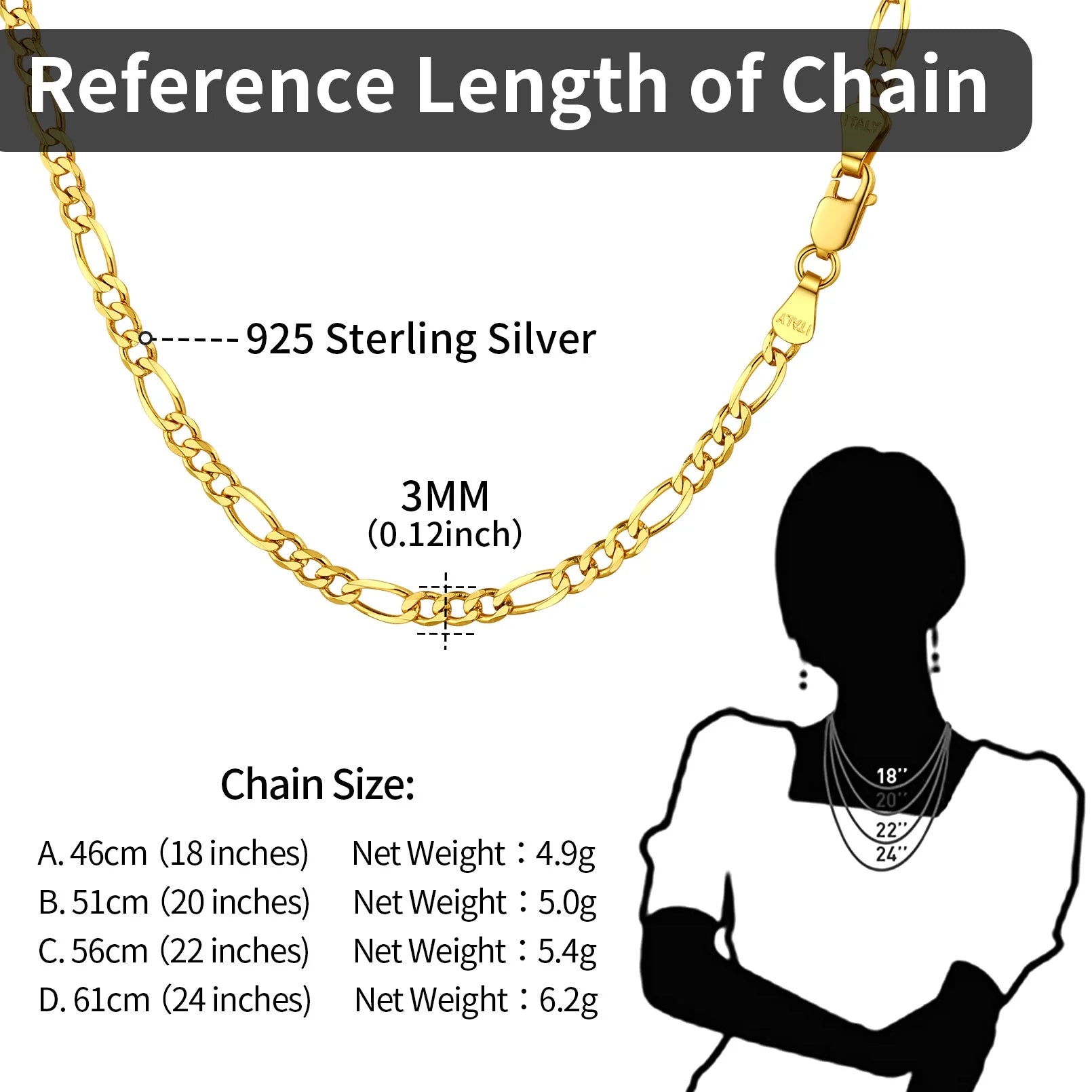 5Mm Figaro Chain 14K Gold in 925 Sterling Silver Chain Necklace for Women Men, Super Thin & Strong Necklace Chain