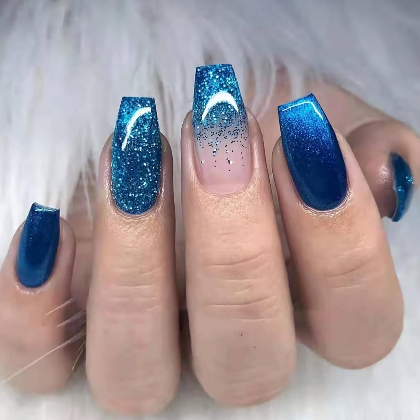 Medium Coffin Press-On Nails, Blue Ombre, Glossy Glue, Sparkly Acrylic, Bling Glitter Artificial, Ballerina False Nails with Design - 24 Pcs