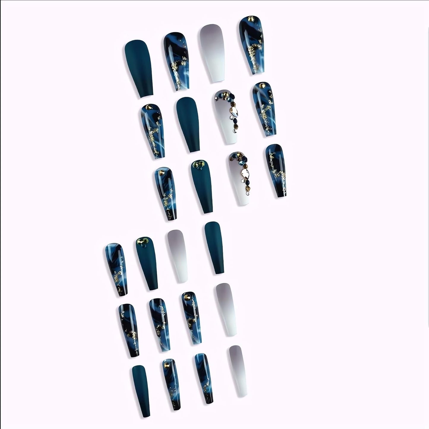 Long Press Coffin Fake Nails French Marble with Glitter Rhinestones Glue on Matte Stick Artificial for Women 24Pcs