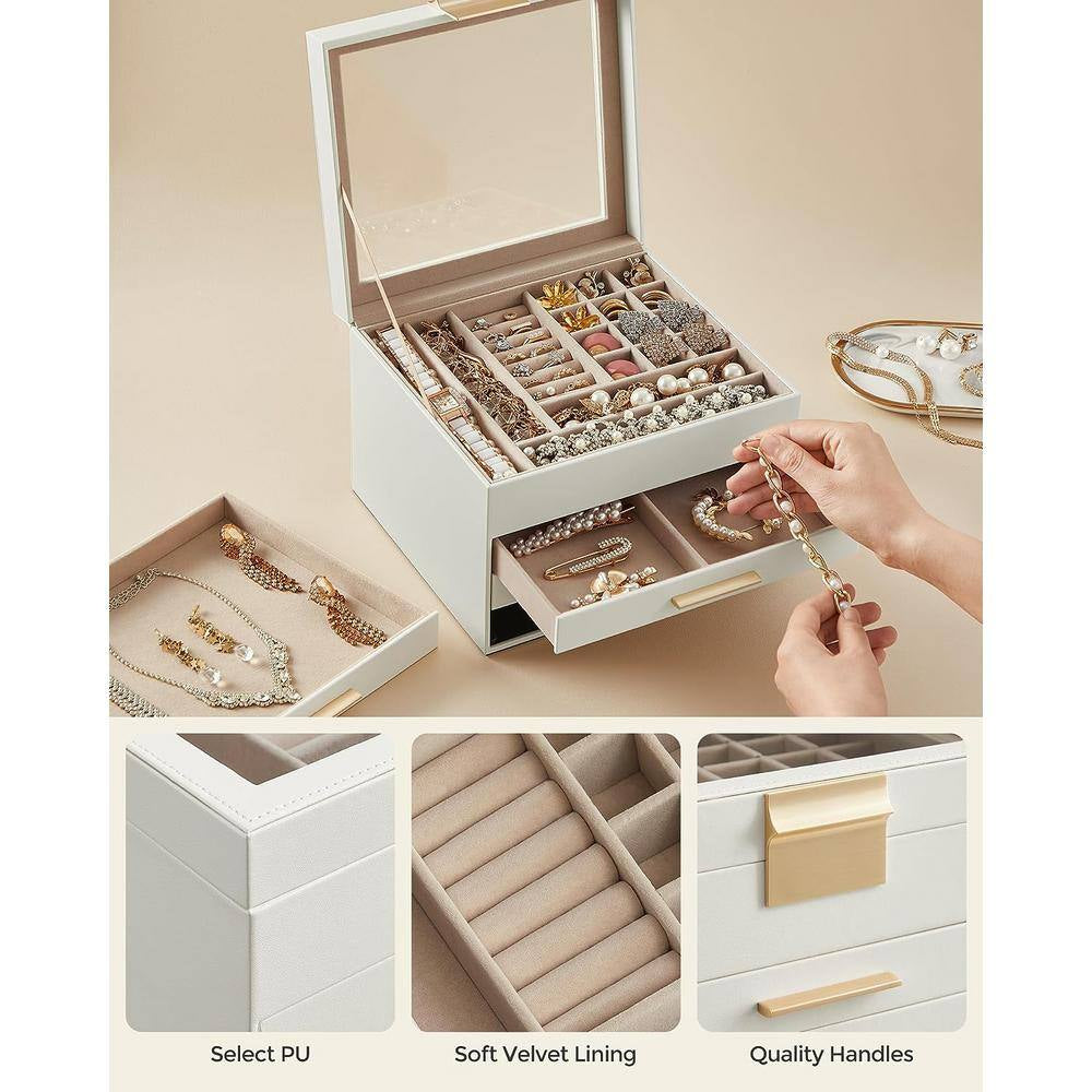 9.1 X 8 X 6.5 In. Cloud White MDF Jewelry Box with Glass Lid, 4-Layer Organizer, 3 Drawer, for Big and Small Jewelry