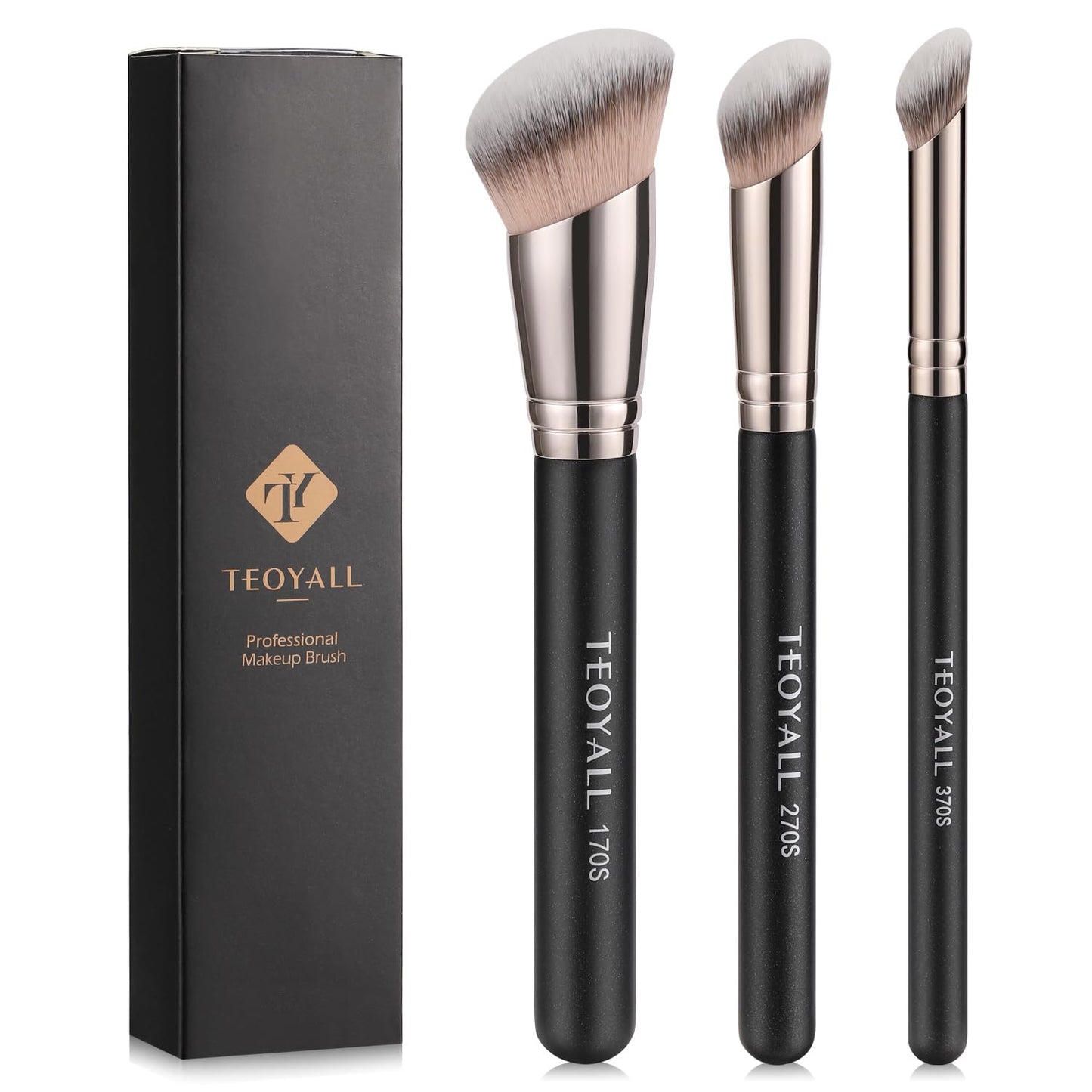 Foundation Contour Conceal Brush Set, 3PCS Angled Synthetic Kabuki Brush for Blending Setting Buffing with Liquid, Cream and Powder Cosmetic (170S/270S/370S)