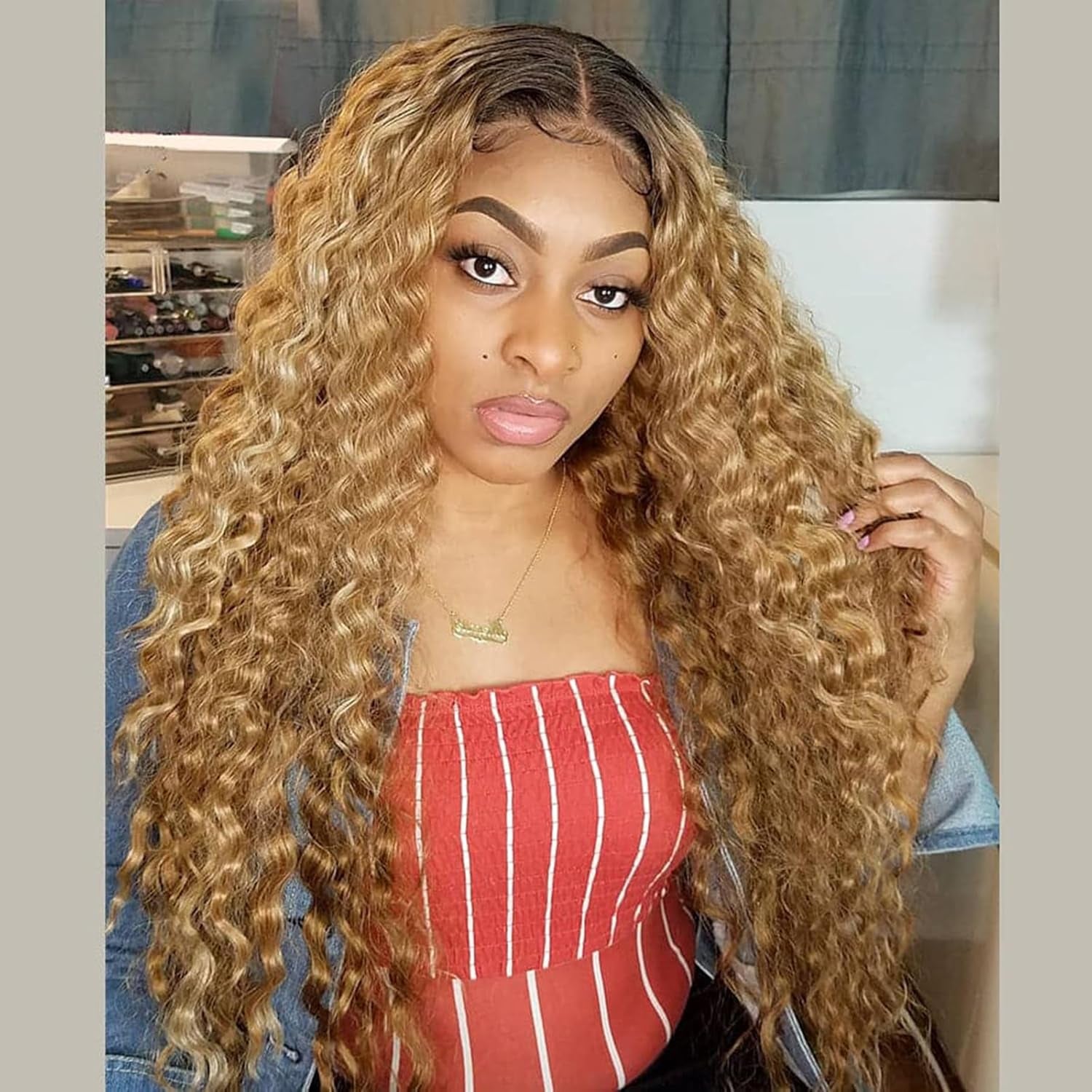 Omber Brown 27 Jerry Curly Lace Front Wigs Human Hair Colored Lace Frontal Wig for Women 4X4 HD Lace Blonde Curly Wig Human Hair Pre Plucked with Baby Hair 200% Density