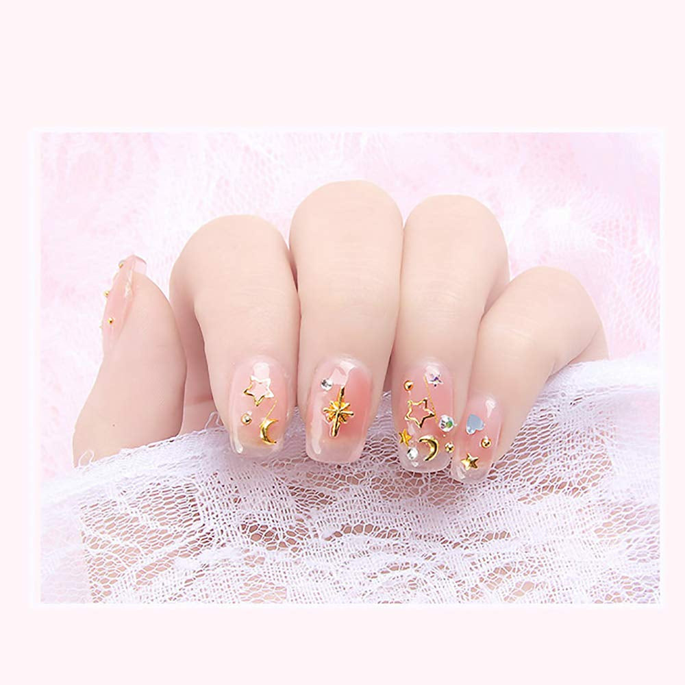 6 Boxes Gold Metal Nail Studs Rose Star Moon Feather Nail Charm Kit 3D Nail Art Jewelry Decoration with 1Pc Tweezers and Picker Pencil