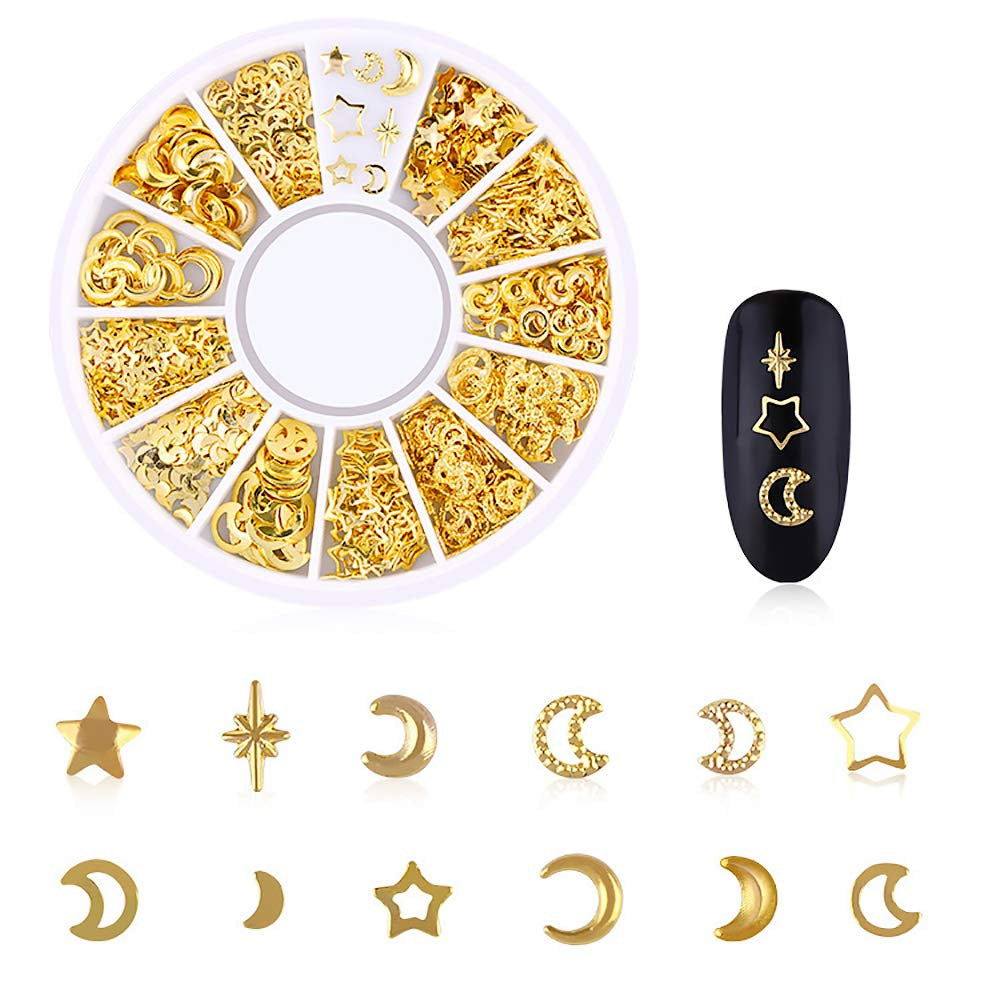 6 Boxes Gold Metal Nail Studs Rose Star Moon Feather Nail Charm Kit 3D Nail Art Jewelry Decoration with 1Pc Tweezers and Picker Pencil