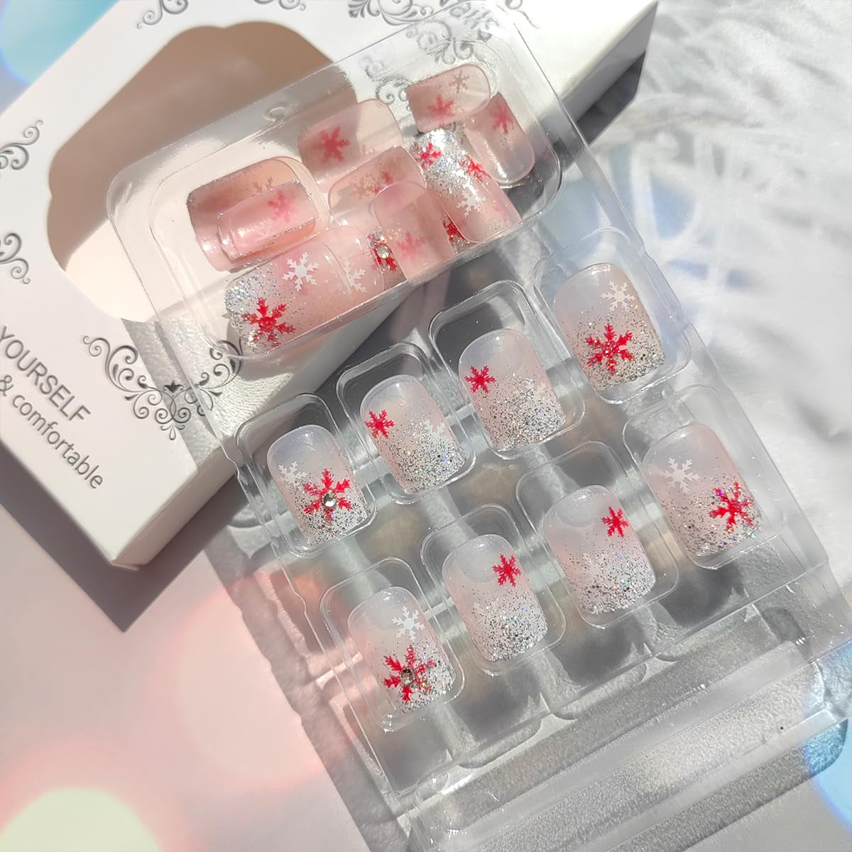 24Pcs Christmas Press on Nails Short Square Fake Nails Red White Snowflake Rhinestones Design Xmas Glue on Nails Glitter French Tip False Nails Winter Acrylic Nails Pink Christmas Artificial Nails Kit