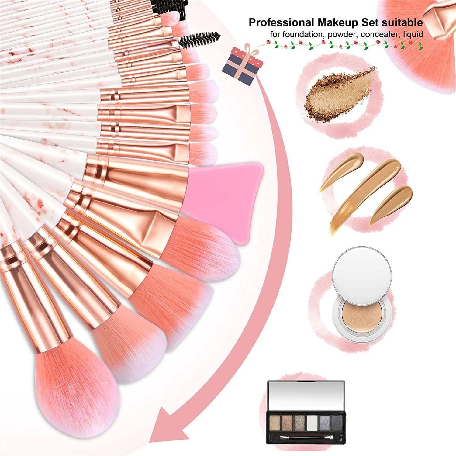 Professional Makeup Brushes Set 16PCS Marble Handle with 4Pcs Sponge Blenders Foundation Brushes Eyeshadow Brush Lip Brush Silicone Face Mask Brush Make up Tool